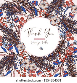 Vector vintage floral spring greeting card with fir branches, cotton, flowers and butterflies. Hand drawn natural illustration, design invitation, round frame