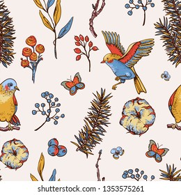 Vector vintage floral spring seamless pattern with birds, fir branches, cotton, flowers and butterflies, natural forest illustration