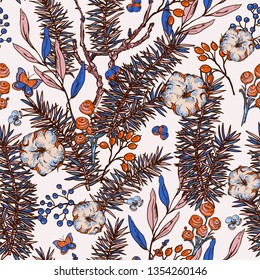Vector vintage floral spring seamless pattern with fir branches, cotton, flowers and butterflies, natural forest illustration