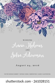 Vector vintage floral wedding invitation. Colorful roses and peonies on a gray background.