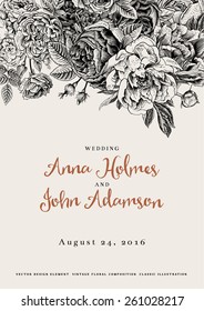 Vector Vintage Floral Wedding Invitation. Black And White Roses And Peonies.