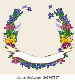 Vector vintage floral wreath in bright colors. Save the day card, floral invitation, lovely greeting card in amazing style.