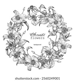 Vector vintage floral wreath for design wedding, invite, greeting card, branding. Black white. Delicate Clematis flowers and leaves engraved elements. Hand drawn illustration