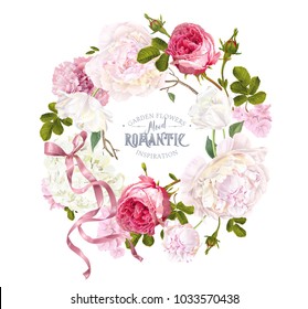 Vector vintage floral wreath with peony, hydrangea, rose flower and ribbon. Romantic design for natural cosmetics, perfume, women products. Can be used as greeting card. Best for wedding invitation