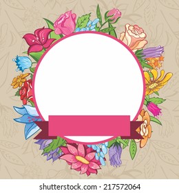 Vector vintage flower frame | Retro floral vignette with round label for design