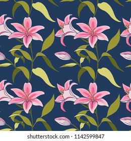 Vector vintage flower seamless pattern with lilies.