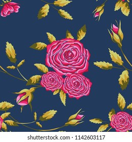 Vector vintage flower seamless pattern with pink roses on blue background.