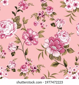 vector vintage flower seamless  pattern on pink