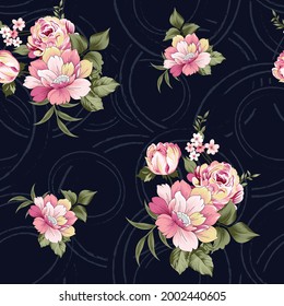 vector vintage flower seamless pattern on navy