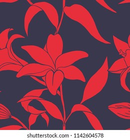 Vector vintage flower seamless red fashion pattern with lilies.