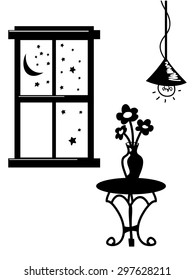 vector vintage flower vase , table , lamp , and window with moon and stars silhouette illustration in black