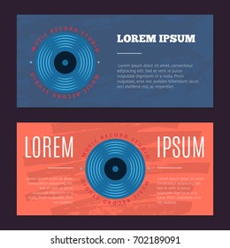 Vector vintage flyers with sound record studio, vinyl music shop, club logo with vinyl record on grunge texture. Vintage studio musical illustration