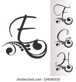 Vector vintage font with decoration - set 2. Capital initial letter E, F, G, H for monograms and logos. Victorian style alphabet.
