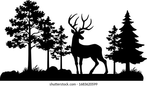 Vector vintage forest landscape with black and white silhouettes of trees and wild animals
