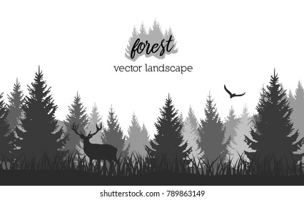 Vector vintage forest landscape with black and white silhouettes of trees and wild animals