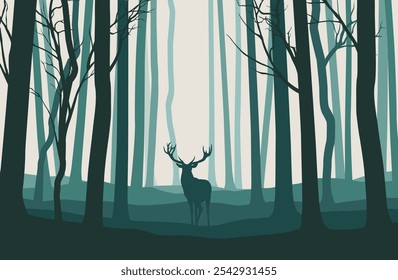 Paisaje del bosque de la vendimia del Vector con las siluetas azules y verdes de los árboles y de los ciervos