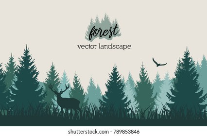 Vector vintage forest landscape with blue and grees silhouettes of trees and wild animals