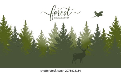 Vector vintage forest landscape with green silhouettes of trees, wild animal deer and eagle bird