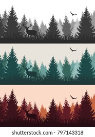 Vector vintage forest landscape with silhouettes of trees and wild animals - three color variants