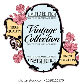 Vector vintage frame with blooming hand drawn flowers isolated on white background. Unique and authentic border. Detailed antique floral frame.