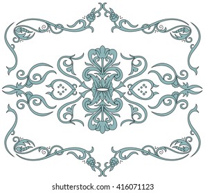 Vector vintage  frame, border with retro ornament, filigree pattern in antique style and heraldic elements. Line art