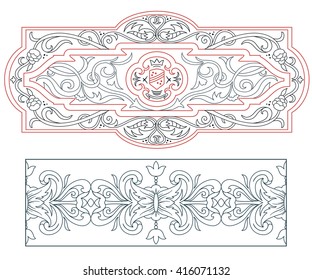 Vector vintage  frame, border with retro ornament, filigree pattern in antique style and heraldic elements. Line art