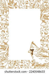 Vector vintage frame with Christmas pattern with fir branches, flowers, bird. Drawn winter red cardinal. Card. Blossom. vertical frame. Vector illustration for photo design, photo zones, postcards.