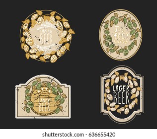 Vector Vintage frame design for labels, banner, sticker and other design. Hand drawn set of hop, beer labels in color. Vector illustration