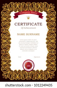 Vector vintage frame in Eastern style. Pre-made certificate template with golden tracery. Elegant design element. Ornate gold border. Ornamental decor for card, leaflet, flyer, layout. A4 page size.