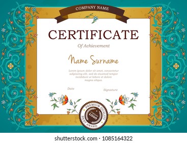 Vector vintage frame in Eastern style. Pre-made certificate template with golden frame. Elegant design element. Ornate floral border. Ornamental decor for card, leaflet, flyer, layout. A4 page size.