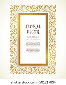 Vector vintage frame in Eastern style. Ornate floral element for design. Ornamental illustration, luxury decor for certificate, diploma, patent. Place for text. Golden rectangle frame.