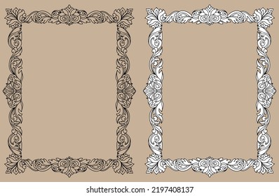 Grabado de marco vectorial con adorno retro en una antigua tarjeta de invitación de diseño de estilo barroco. Libro de colorear.