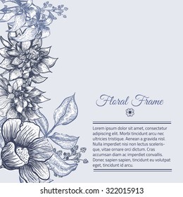 Vector Vintage frame floral background design. Botanical illustration. Sketch linear template for card invitations, banner, save the date, site