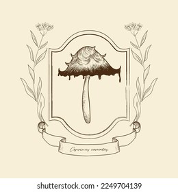 Marco vectorial vintage con ramas florales e ilustración de hongos. Objeto botánico de línea para decoración, diseño, tarjeta, banner, impresión, logotipo, etiqueta, marca, embalaje, emblema. Dibujo botánico gráfico.