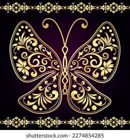 Vector vintage frame with golden butterfly and lines  on a purple background