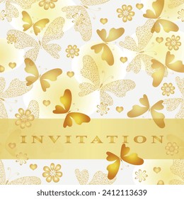 Vector vintage frame with golden gradient butterflies and flowers on a white background with spots 