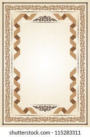 Vector vintage frame at grunge background with retro ornament.