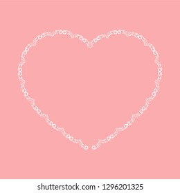 Vector vintage frame heart shape. White vintage heart frame on pink background. Heart frame for Valentine's Day and wedding greeting card.