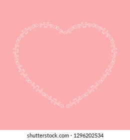 Vector vintage frame heart shape. White vintage heart frame on pink background. Heart frame for Valentine's Day and wedding greeting card.