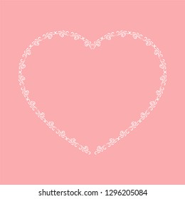 Vector vintage frame heart shape. White vintage heart frame on pink background. Heart frame for Valentine's Day and wedding greeting card.