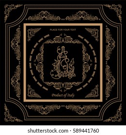 Vector vintage frame label for wine and beverage product. Ornate design label or banner for packages. Wave vine, grapes, bottles symbol elements. Black and gold colors  
