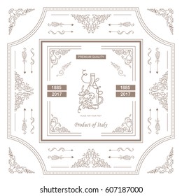 Vector vintage frame label for wine and beverage product. Ornate design label or banner for packages. Wave vine, grapes, bottles symbol elements. Classic design, different elements in each art 