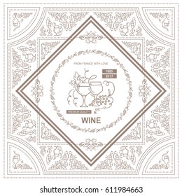 Vector vintage frame label for wine and beverage product. Ornate design label or banner for packages. Wave vine, grapes, bottles symbol elements. Classic design