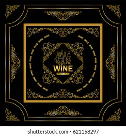 Vector vintage frame label for wine and beverage product. Different elements in each art. Ornate design label or banner for packages. Wave vine, grapes, bottles symbol elements. Black and gold colors