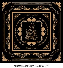 Vector vintage frame label for wine and beverage product. Ornate design label or banner for packages. Wave vine, grapes, bottles symbol elements. Silhouette option