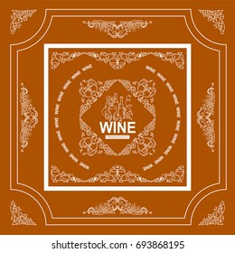 Vector vintage frame label for wine and beverage product. Ornate design label or banner for packages. Wave vine, grapes, bottles symbol elements. White and ochre colors. Different elements ie each art