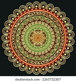 Vektor-Vintage-Rahmen mit lackiertem, goldenem und farbigem Mandala auf Schwarz