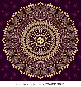 Vector vintage frame with lacy golden and purple mandala 