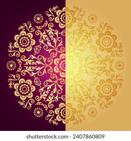 Marco vectorial vintage con mandala dorada de encaje sobre fondo morado y gradiente dorado