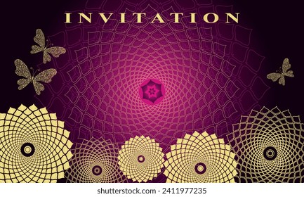 Vector vintage frame with lacy golden mandala on purple gradient background with golden butterflies	
